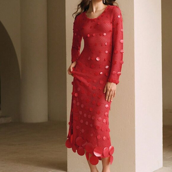 Red Elegant Women's Sequined Crochet Long-Sleeve Dress - Picture 7 of 7